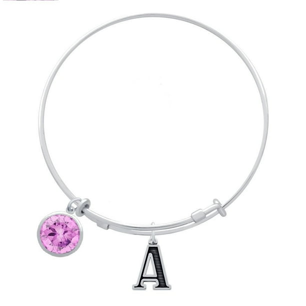 Silver Pink Box Love Between Mother Initial Bangle with Cubic Zirconia K Silver Pink Box Love Between Mother Initial Bangle with Cubic Zirconia K